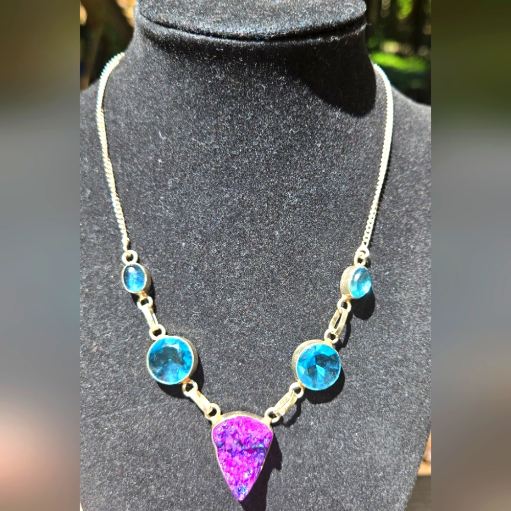 Amethyst Drutzy Topaz & Tanzanite Crystal Gemstone Sterling Necklace 18" - Picture 1 of 9
